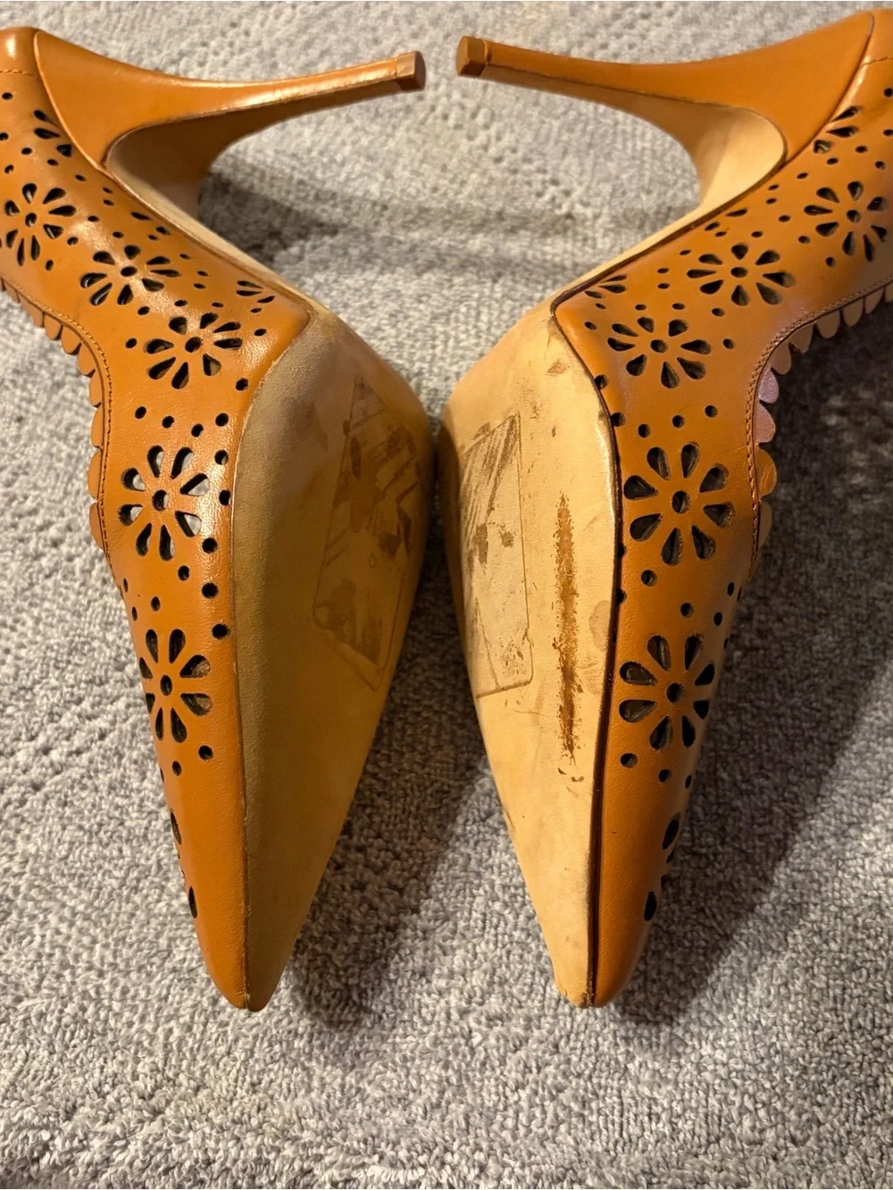 Kate Spade Tan Laser-Cut Scalloped Pointed Toe Pumps